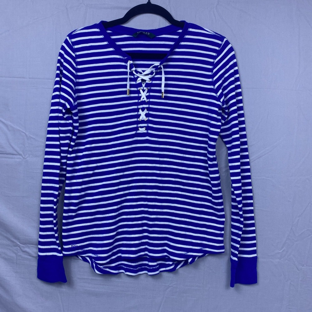 Lauren Ralph Lauren Lace Up Striped Thermal Knit Top Womens Medium Blue White